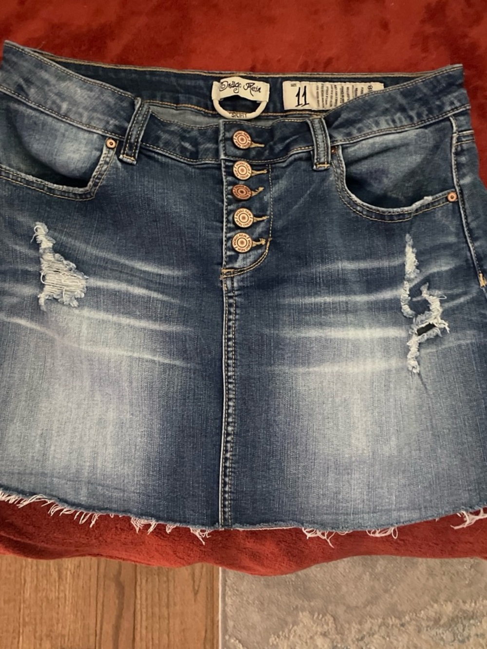 Indigo Rein Distressed Button-Front Denim Mini Skirt - Blue